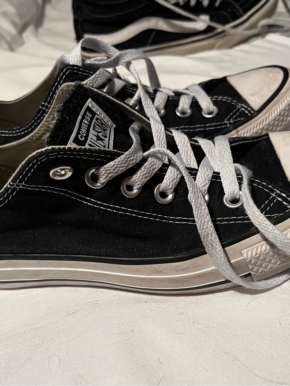 Womens Black Low-Top Canvas Sneakers with White Laces